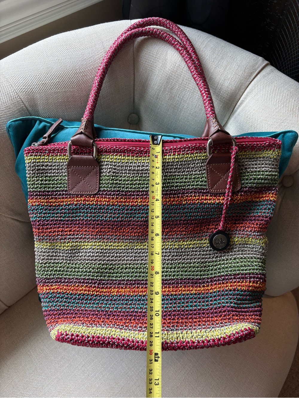 The Sak Crochet Knit Multicolor Tote Shoulder Bag Boho Striped Large Zip Top - Picture 3 of 10